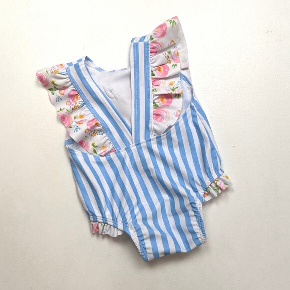 Mud Pie Swimsuit Baby Girls Size 3-6m Blue Stripe Floral Ruffle One Piece - Picture 2 of 3